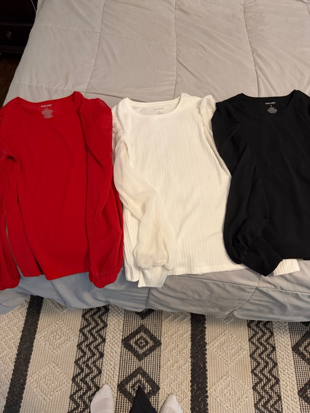 Nine West Ribbed Crewneck Sweaters in Red, White & Black. Tule sleeves.